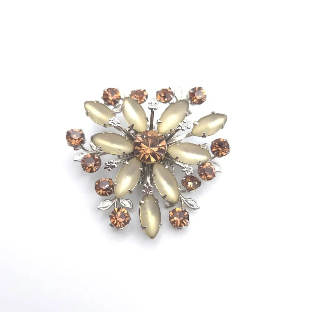 Vintage Floral Sunburst‎ Brooch Champagne Moonstone Amber Rhinestone Silver Tone